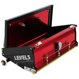 Open 12-inch Level 5 Flat Box with red aluminum housing, black side panels, brass blade holder, and white rubber wheels