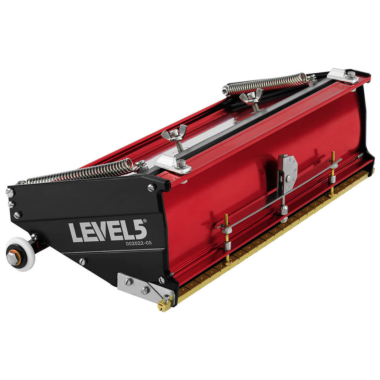 12-inch Level 5 Flat Box with red aluminum housing, black side panels, brass blade holder, and white rubber wheels