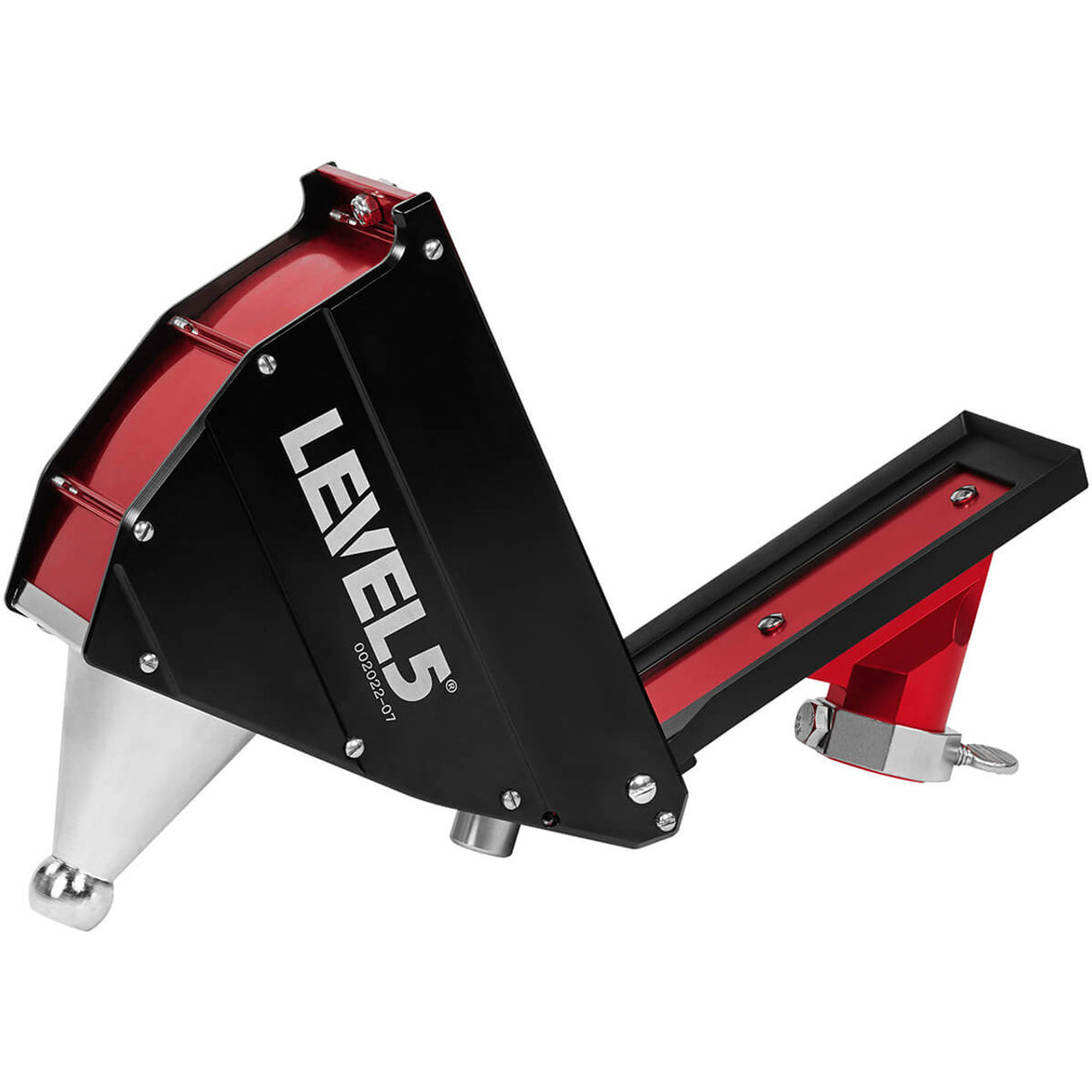 Open 7-inch Level 5 Flat Box with red aluminum housing, black side panels, brass blade holder, and white rubber wheels