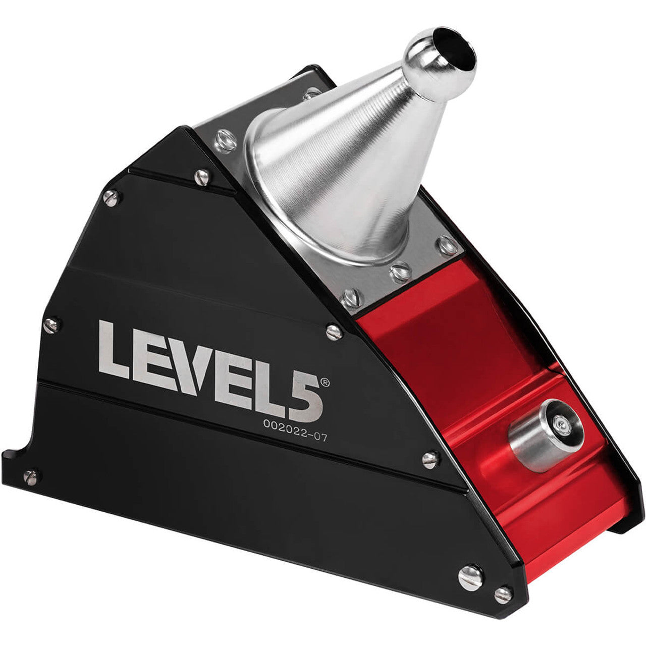 7-inch Level 5 Flat Box with red aluminum housing, black side panels, brass blade holder, and white rubber wheels
