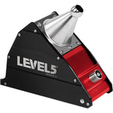 7-inch Level 5 Flat Box with red aluminum housing, black side panels, brass blade holder, and white rubber wheels