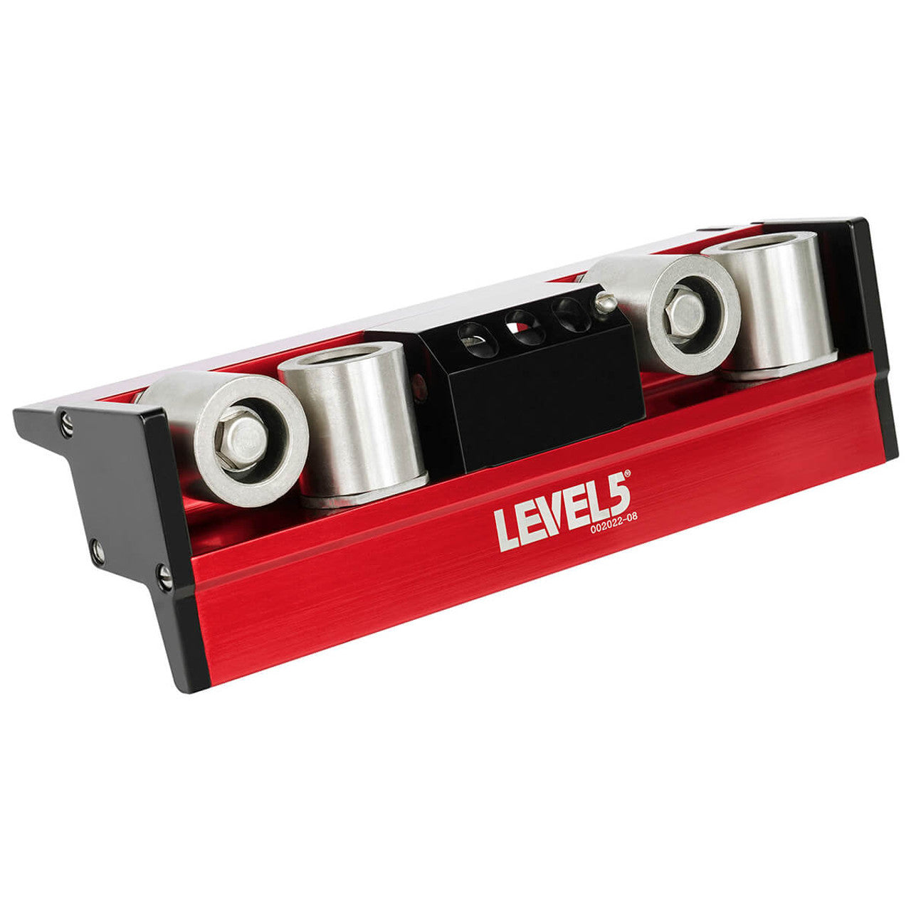 Level 5 Corner Roller with red aluminum body and black side plates and nylon bearings, front view
